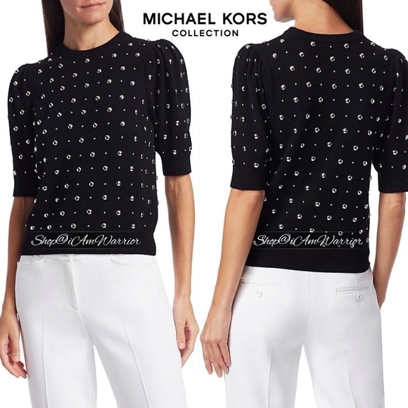 Michael Kors Collection black Italian cashmere studded puff short sleeve sweater - Picture 2 of 14